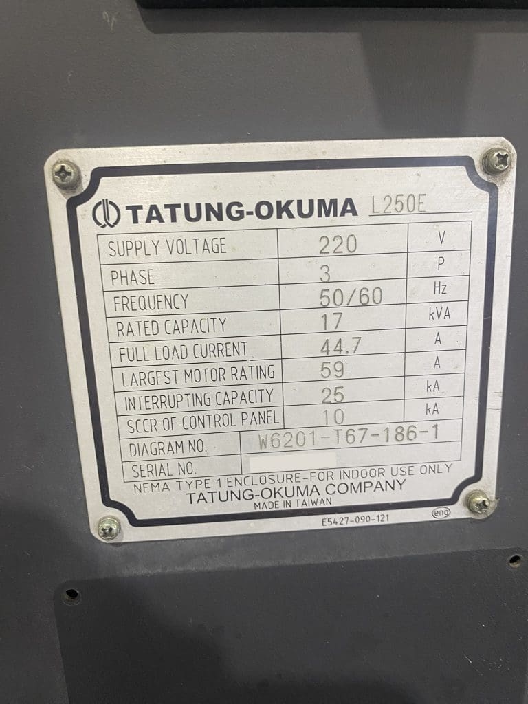 Used Okuma Genos L250e CNC Lathe For Sale