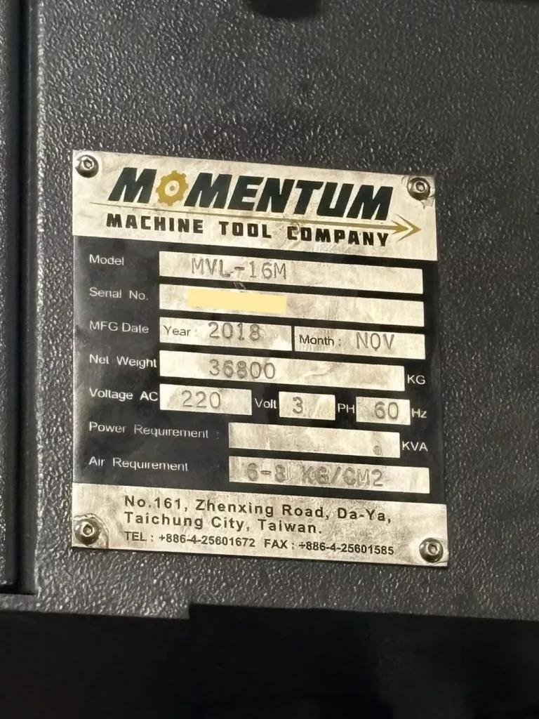 2018 Momentum MVL-16M CNC Vertical Turret Lathe, photo 20 of 20
