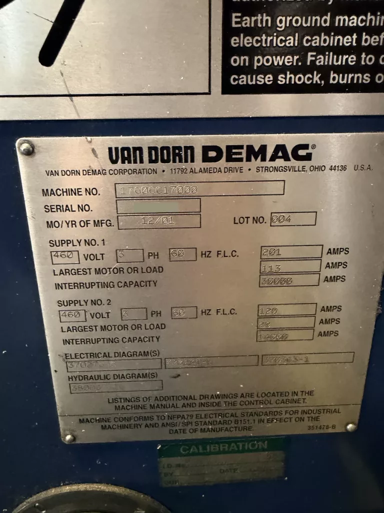 Used Van Dorn Caliber 1760/17000S Injection Molding Machine For Sale