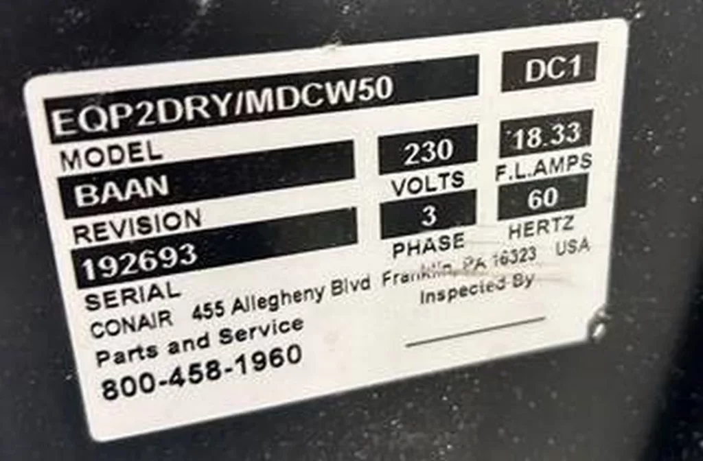 Used Conair EQP2DRY/MDCW50 Plastic Dryer For Sale