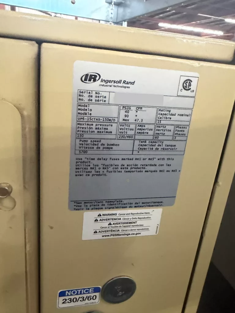 2022 Ingersoll Rand UP6-15CTAS-150W/D Compressor, photo 2 of 2