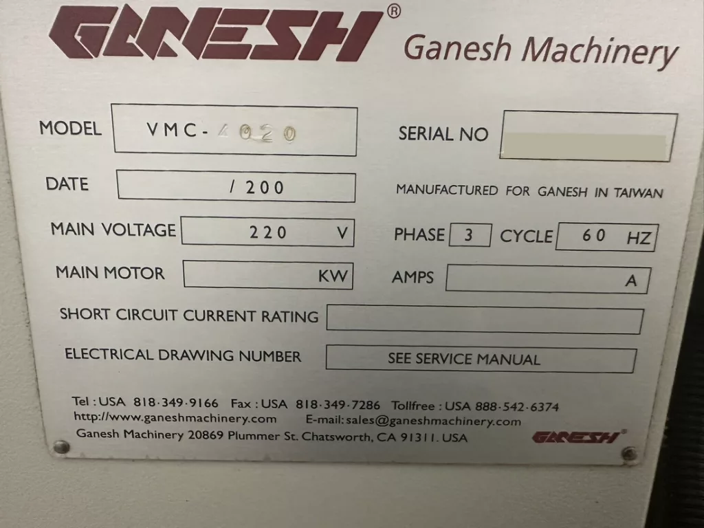 Used Ganesh VMC 4020 CNC Vertical Machining Center For Sale