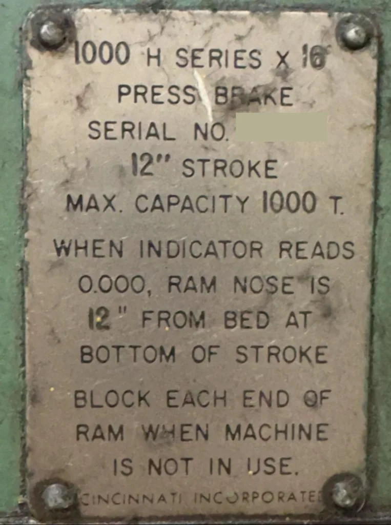 1976 Cincinnati 1000Hx16 Press Brake, photo 7 of 7