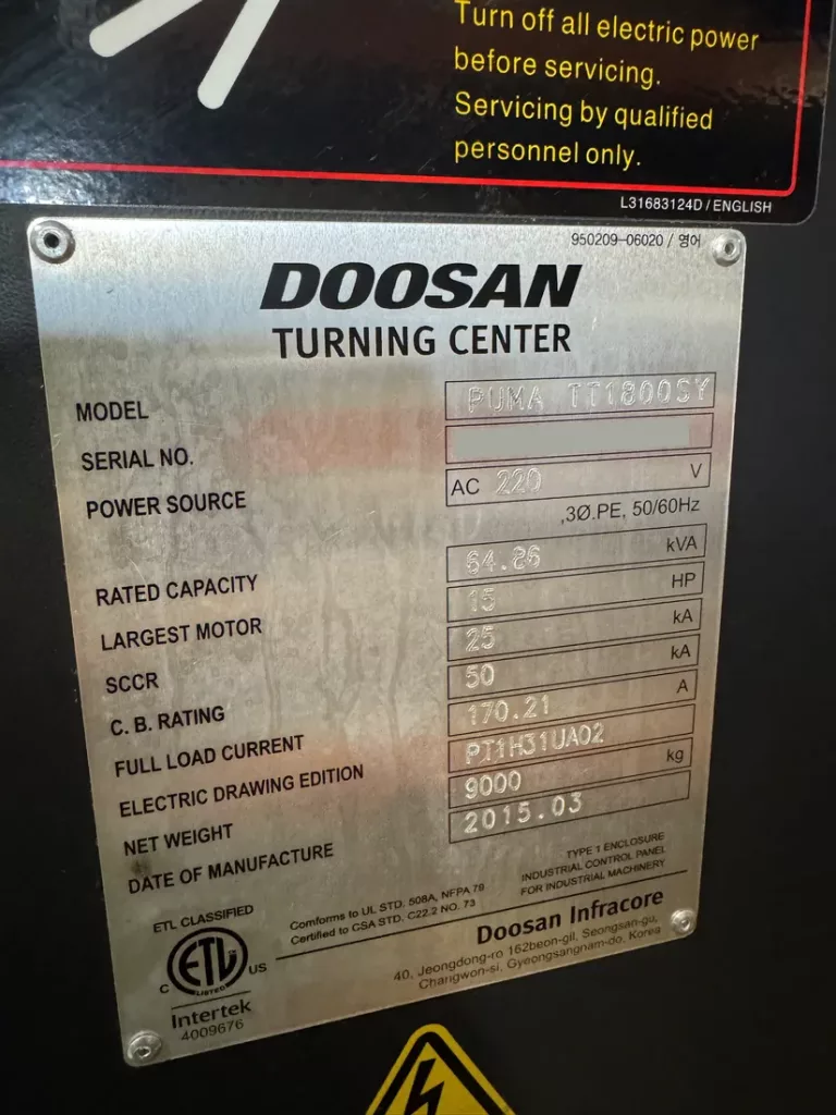 Used Doosan Puma TT1800SY CNC Lathe For Sale