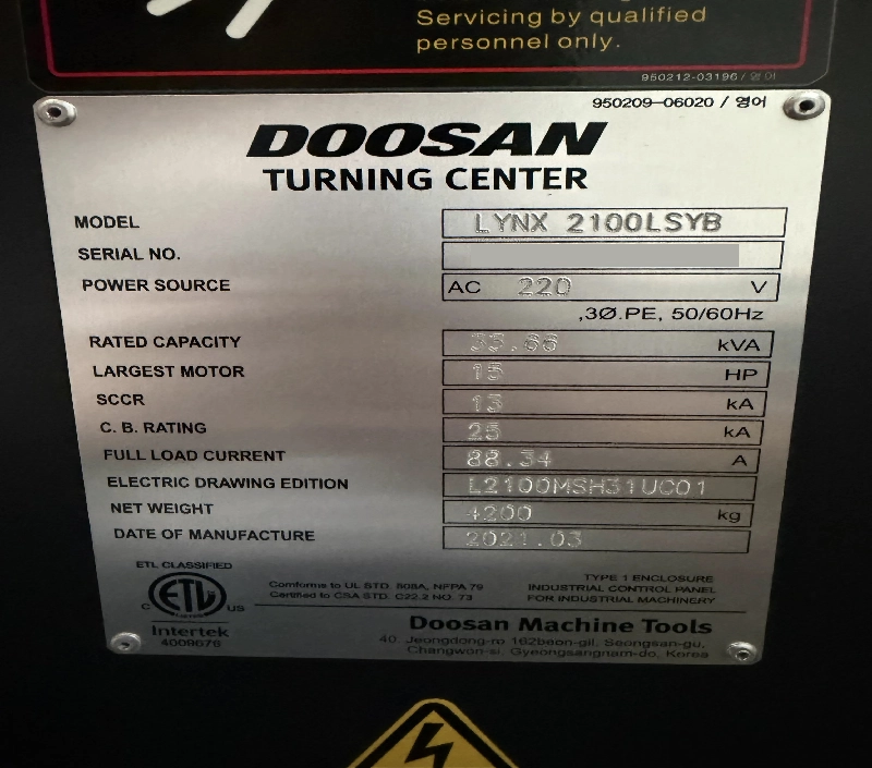 2021 Doosan Lynx 2100LSYB CNC Lathe, photo 16 of 16