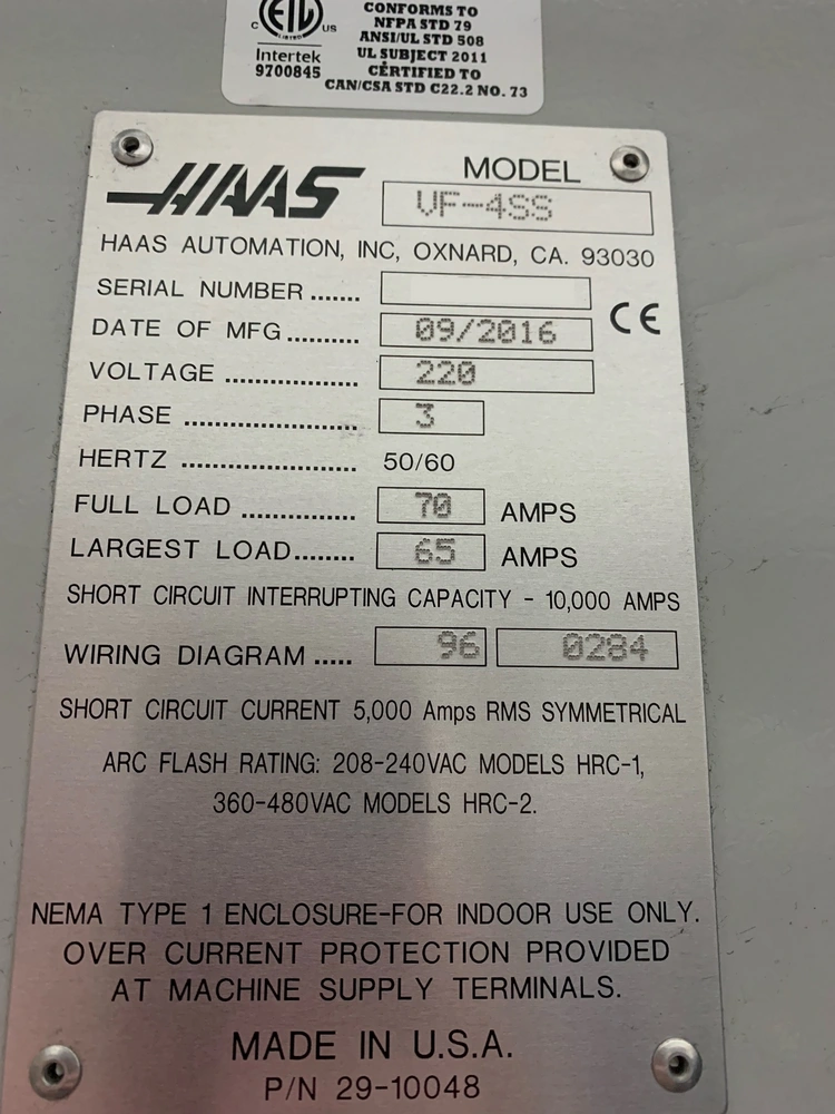2016 Haas VF-4SS CNC Vertical Machining Center, photo 12 of 12
