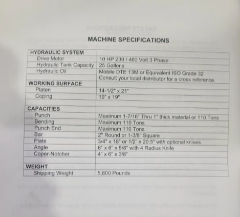 Used Piranha P-110 Ironworker For Sale