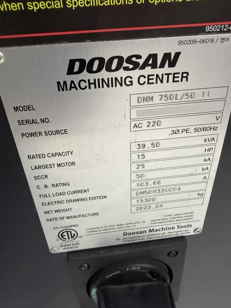 2022 Doosan DNM-750L/50 II CNC Vertical Machining Center, photo 6 of 6