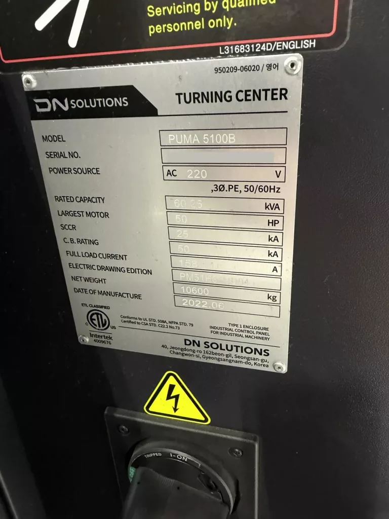 2022 Doosan Puma 5100B CNC Lathe, photo 7 of 7