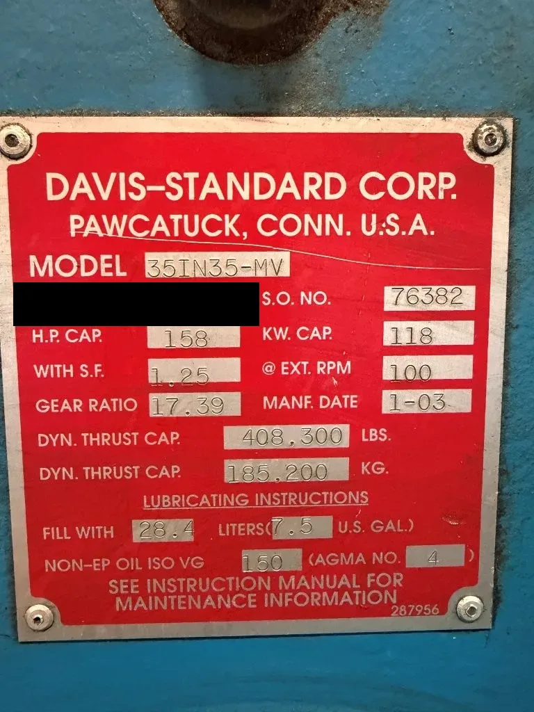 2003 Davis Standard 35IN35-MV Extruder, photo 13 of 15