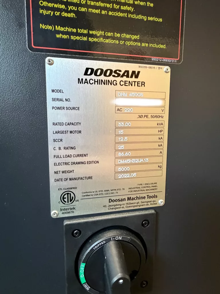 2022 Doosan DNM 4500S CNC Vertical Machining Center, photo 7 of 7